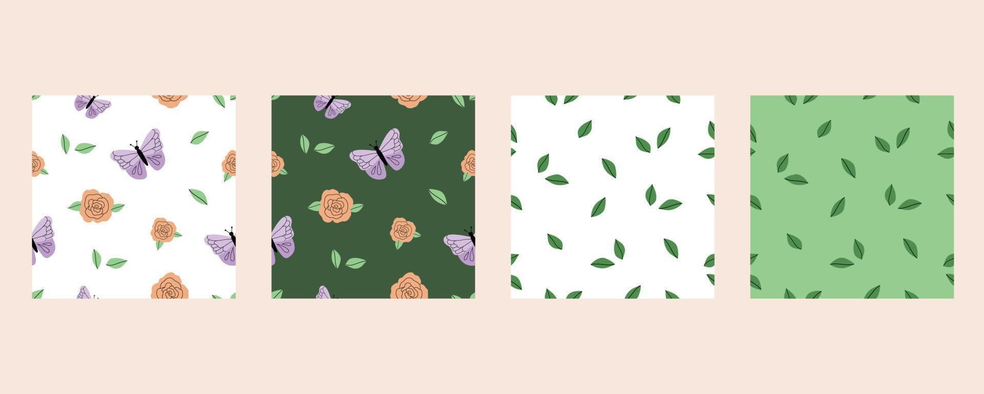 Set of seamless pattern with butterflies, roses and leaves. Romantic green and white vector pattern in hand-drawn flat style.