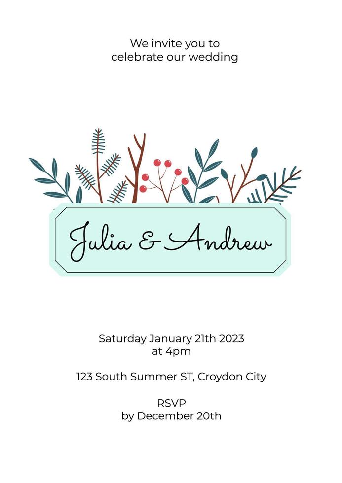 A card with a winter design for a wedding invitation. Template with text. Vector botanical background in a gentle hand-drawn style