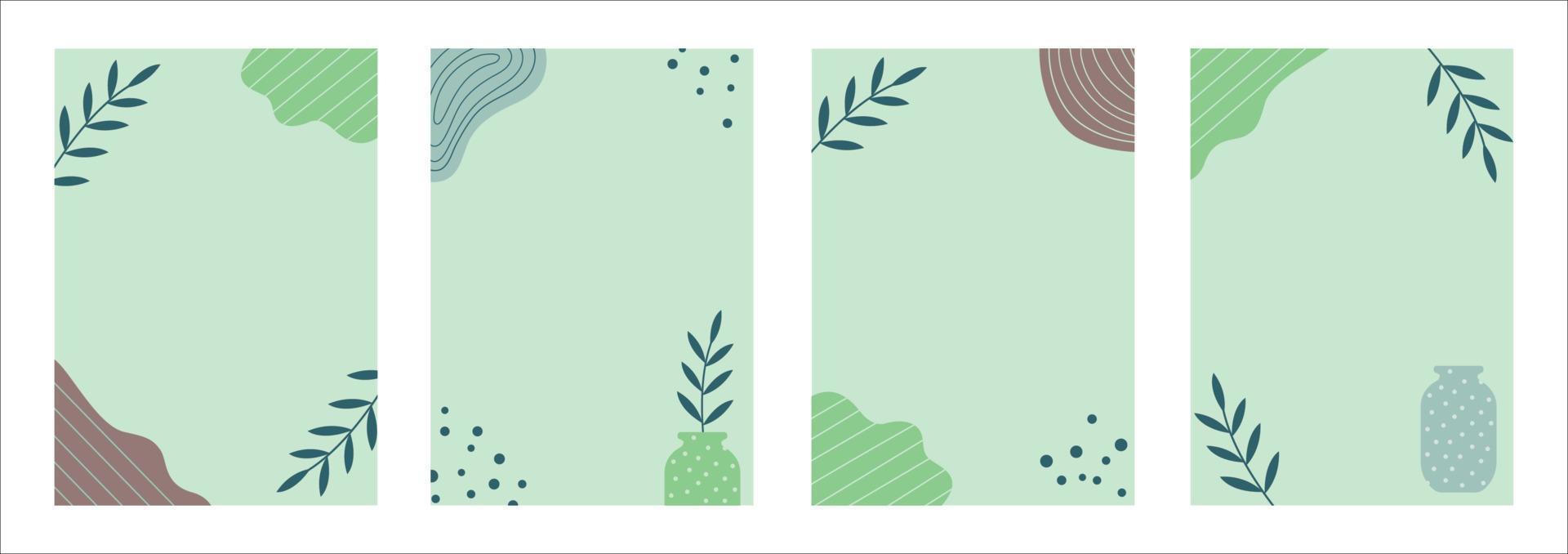 un conjunto de marcos de plantilla verticales con elementos abstractos. fondos azules vectoriales en un estilo estético moderno. jarrón con una ramita. colección de diseño de espacio de copia vector