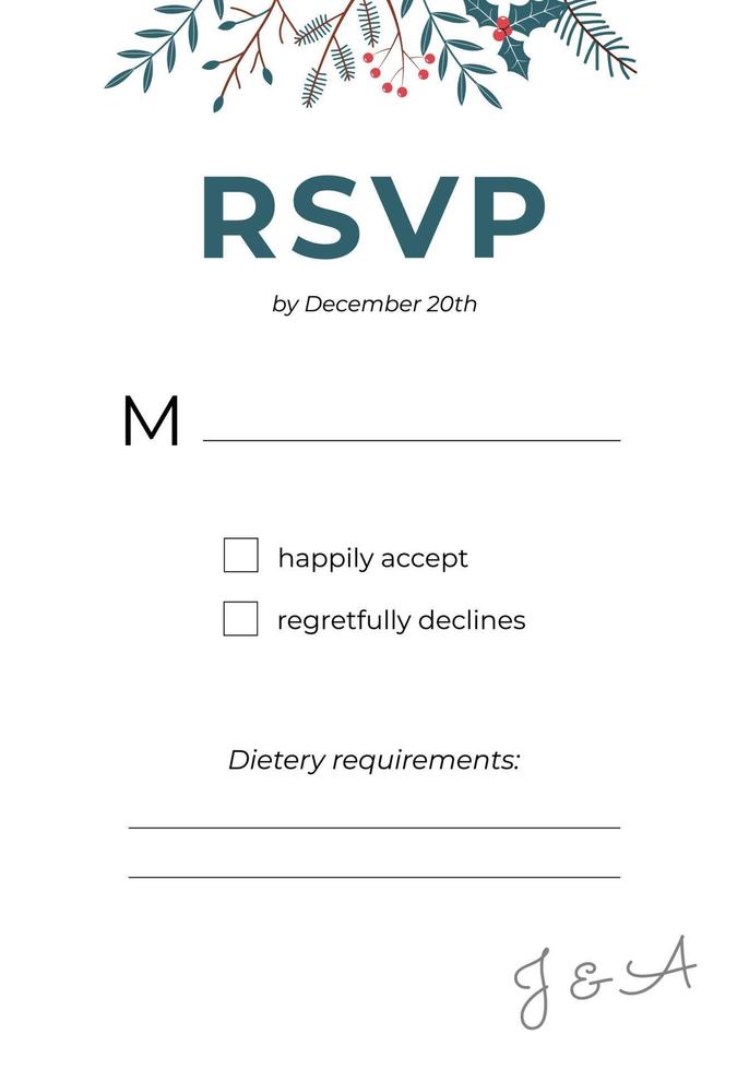 wedding Rsvp card winter design. Template with text. Vector botanical layout in a soft hand-drawn style