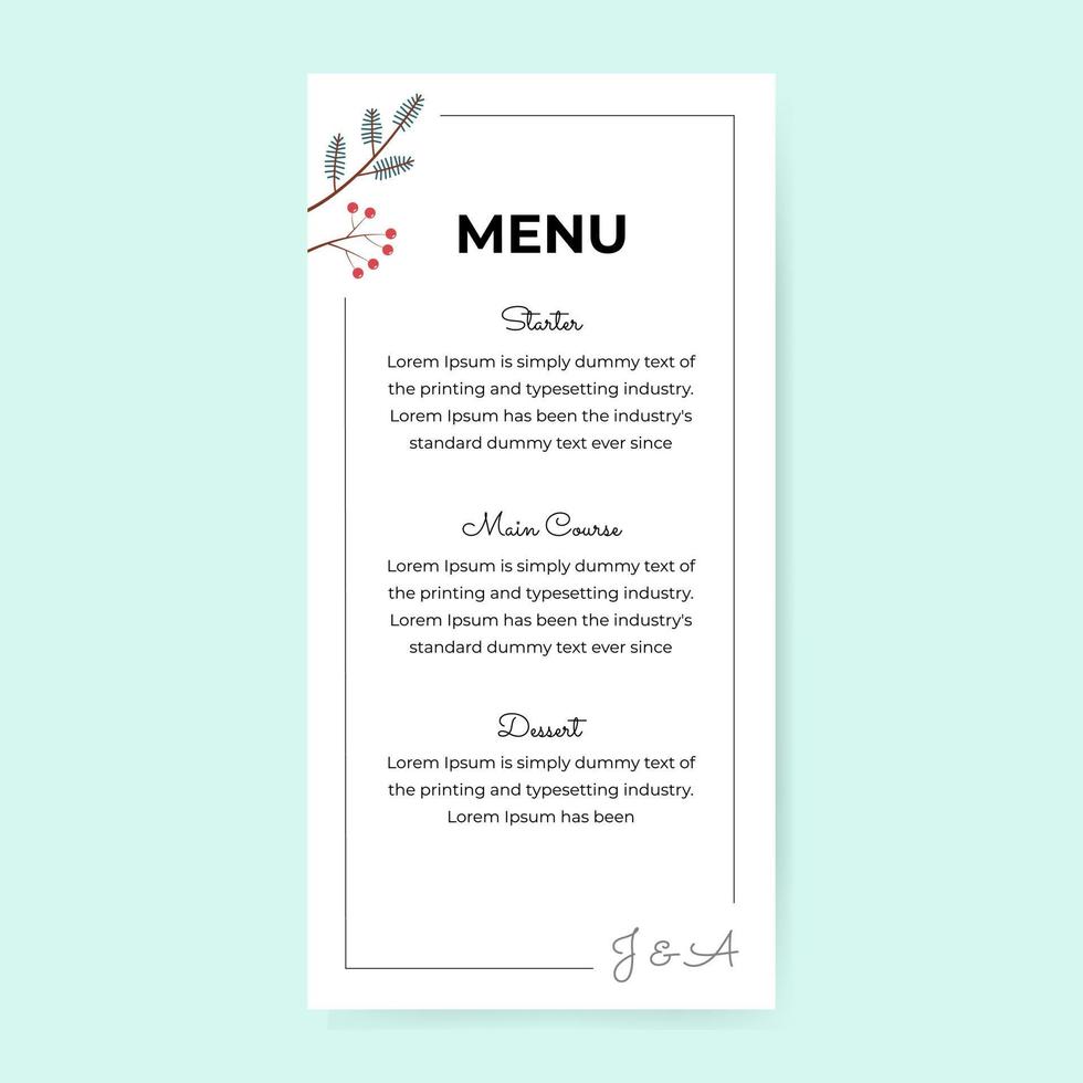 Wedding winter menu card design. Template with text. Vector botanical background in a soft hand-drawn style