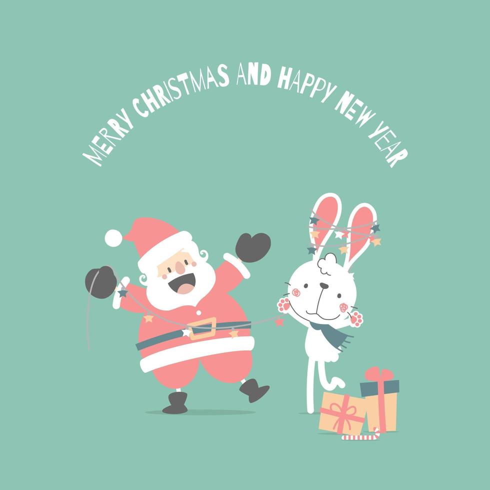 merry christmas and happy new year with cute santa claus and white bunny rabbit in the winter season green background, flat vector illustration cartoon character costume design