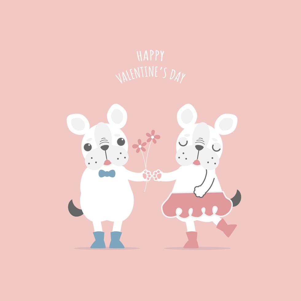 lindo y encantador dibujado a mano linda pareja bulldog francés pug amante sosteniendo flor, feliz día de san valentín, concepto de amor, ilustración de vector plano diseño de vestuario de personaje de dibujos animados