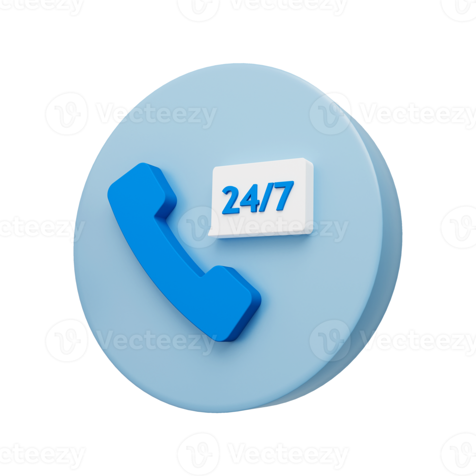 Call icon with 24 hours sign. 24 7 call center support. 3d render. png