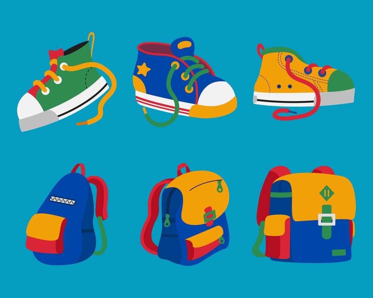 Children's backpack and shoes vector illustration collection