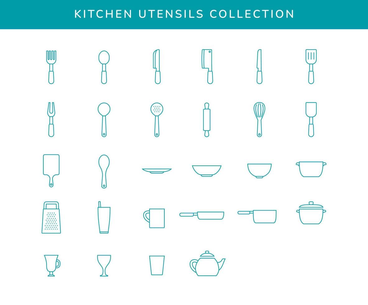 Kitchen cooking utensils outline icon set collection minimalist vector