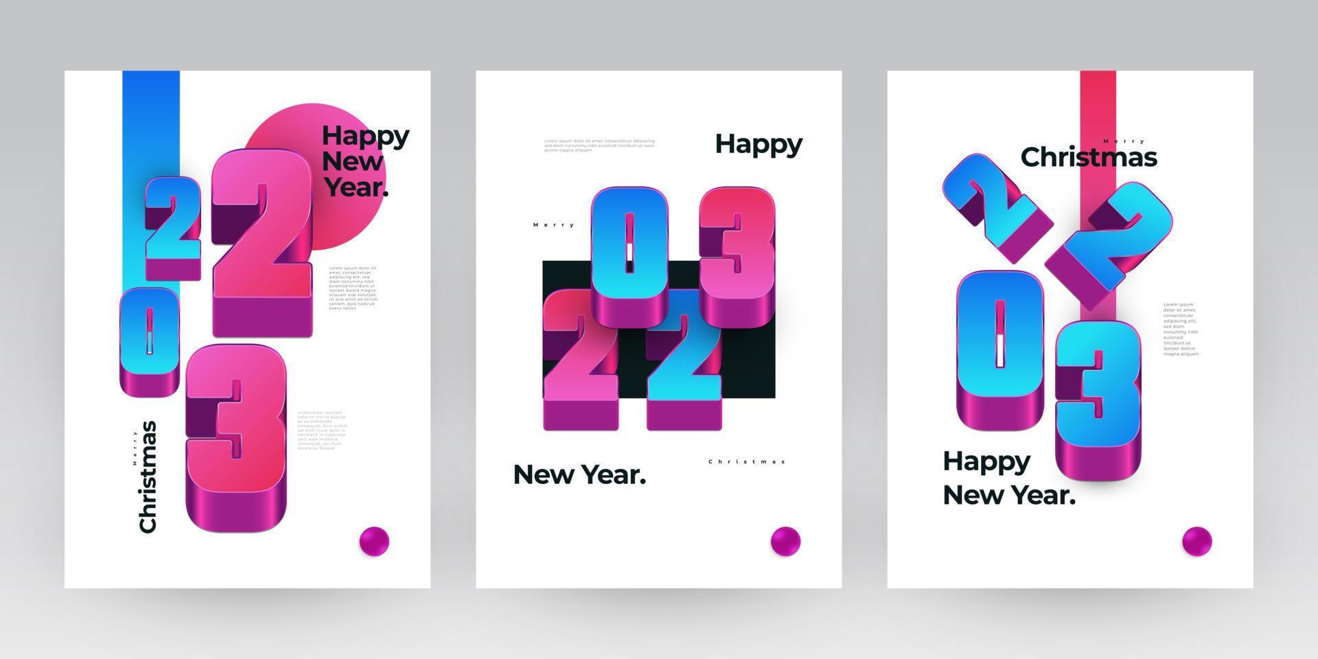 Happy New Year 2023 Poster Set with Colorful 3D Numbers. New Year Design Template for Decoration, Branding, Banner, Poster, Cover and Card vector