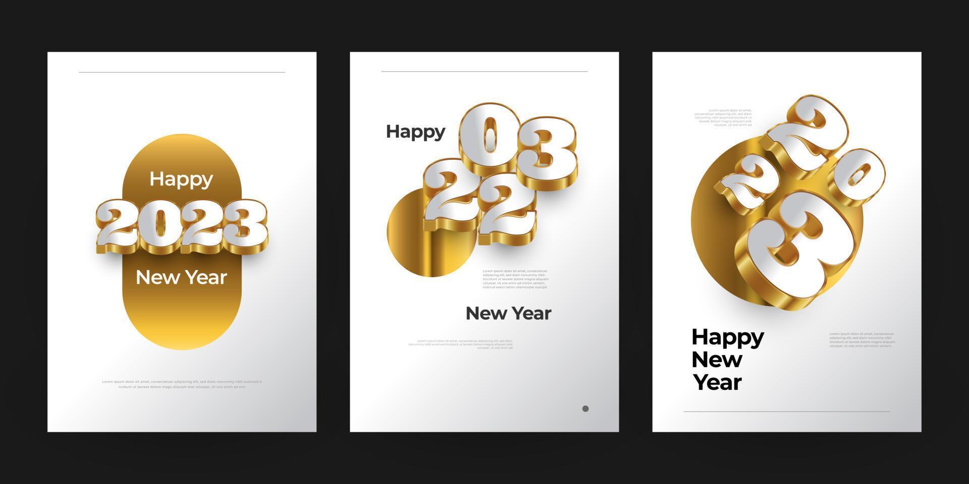 Happy New Year 2023 Poster Set with White and Gold 3D Numbers. New Year Design Template for Decoration, Branding, Banner, Poster, Cover and Card vector