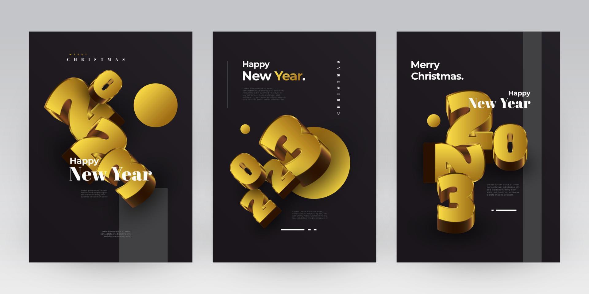 Happy New Year 2023 Poster Set with Black and Gold 3D Numbers. New Year Design Template for Decoration, Branding, Banner, Poster, Cover and Card vector