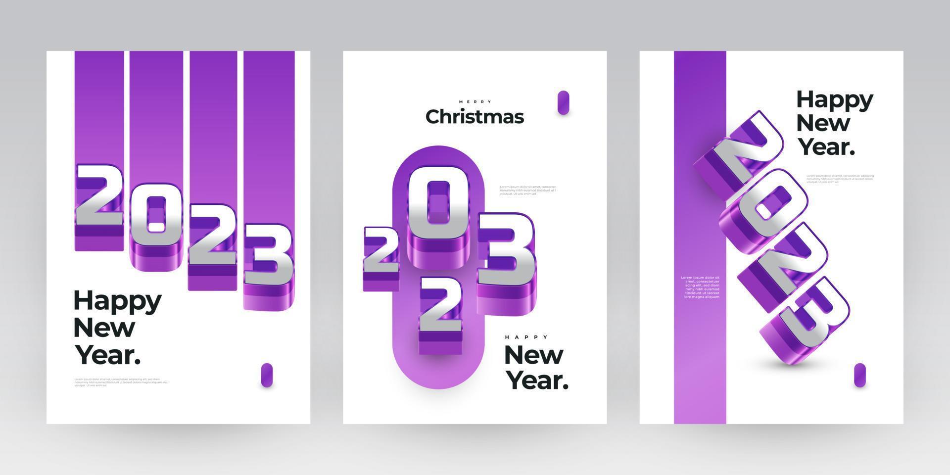 Happy New Year 2023 Poster Set with 3D Numbers. New Year Design Template for Decoration, Branding, Banner, Poster, Cover and Card vector