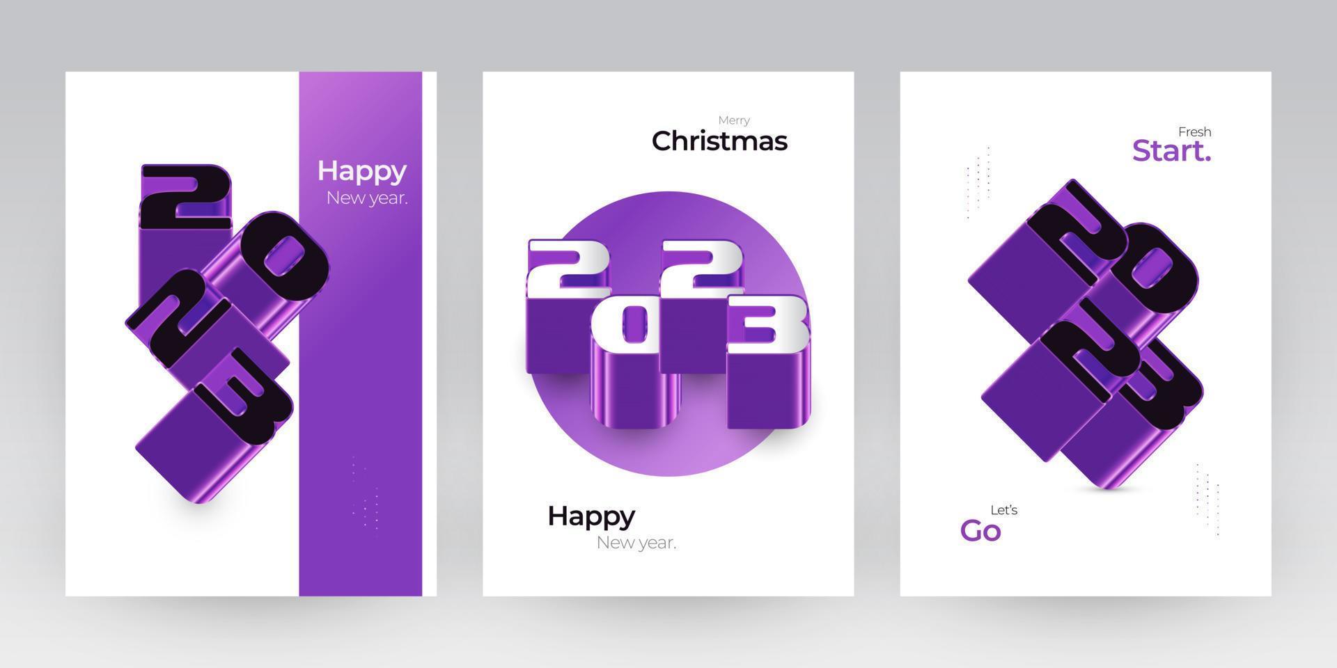 Happy New Year 2023 Poster Set with 3D Numbers. New Year Design Template for Decoration, Branding, Banner, Poster, Cover and Card vector