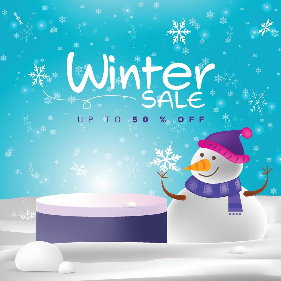 Winter Sale concept with product podium with illustration of snowman on falling snow background. vector