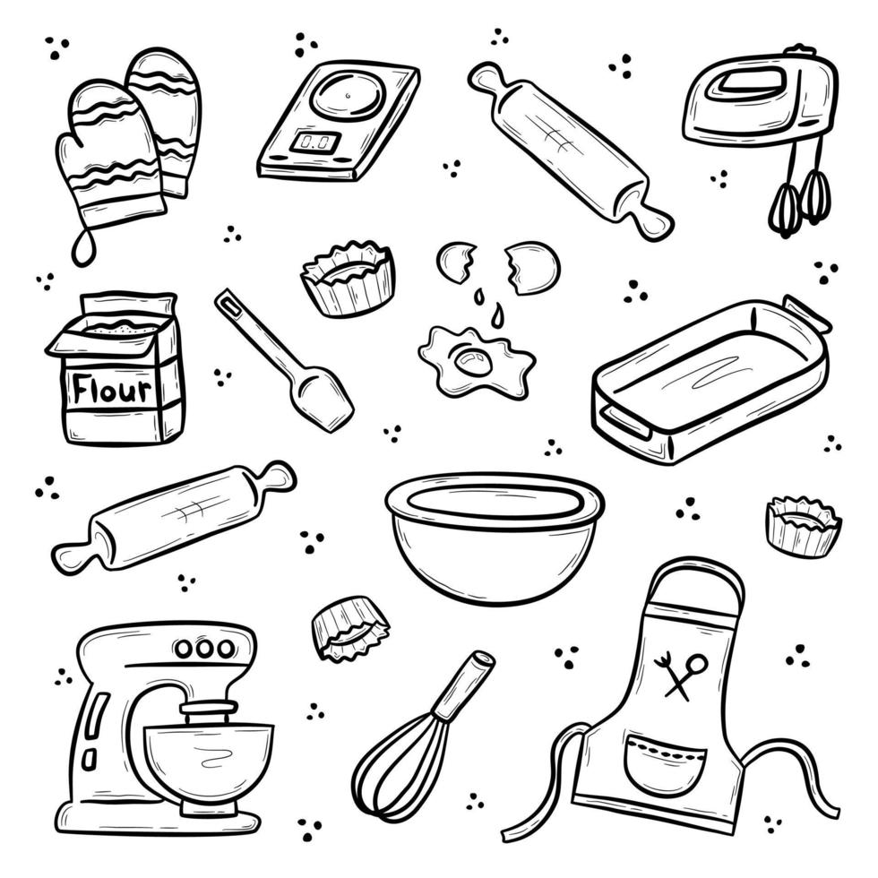 Hand drawn kitchen utensils and products for baking.  Cooking apron, oven glove, mixer, scales, rolling pin, whisk, bowl, pan, spatula, flour, egg.   Flat vector illustration in doodle style.