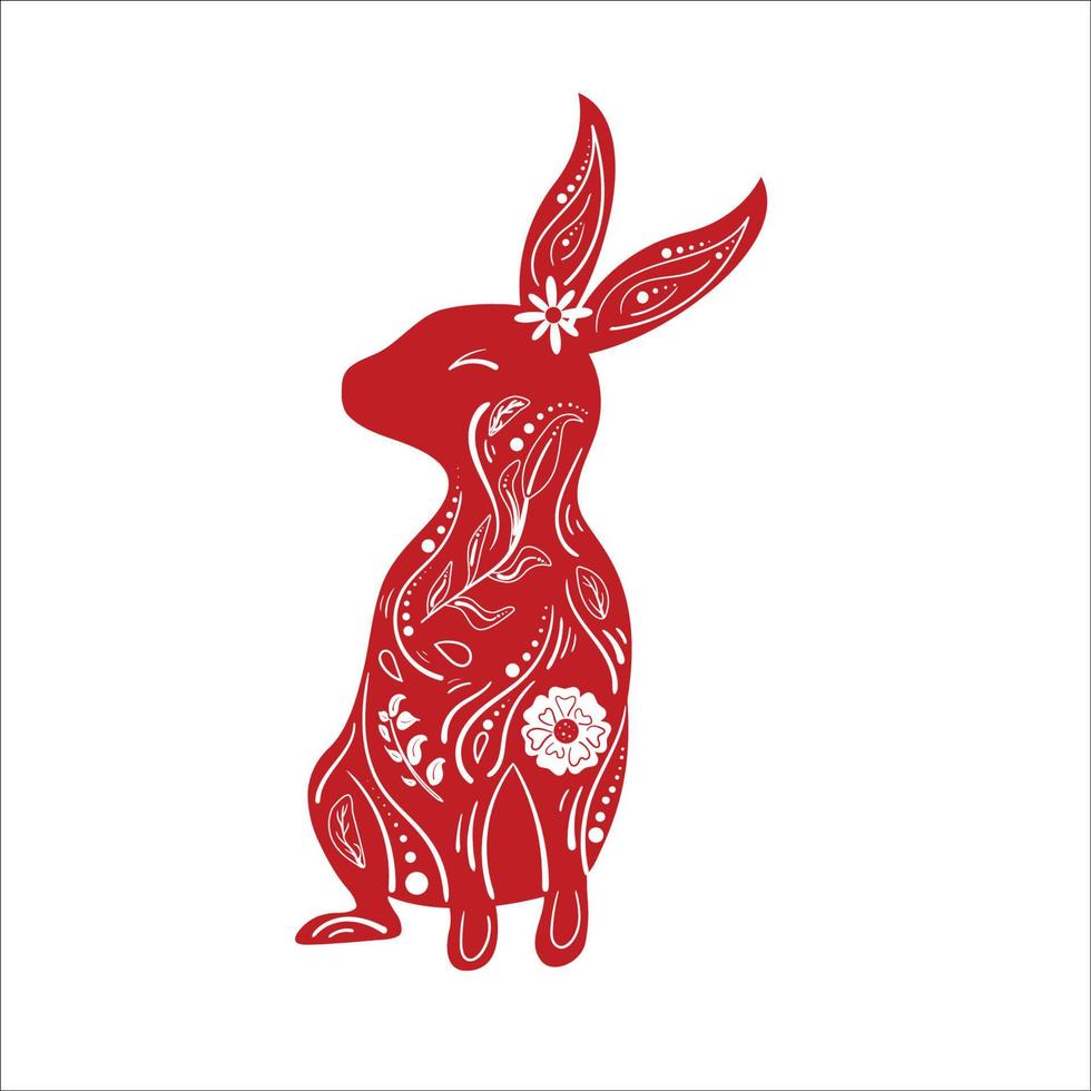 Chinese New Year Zodiac Red Rabbit with White Floral Ornament vector