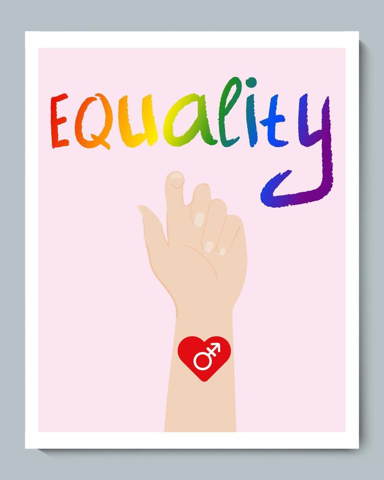 White Hand with Gender LGBT Heart Symbol and Doole Texture Rainbow Inscription Equality vector