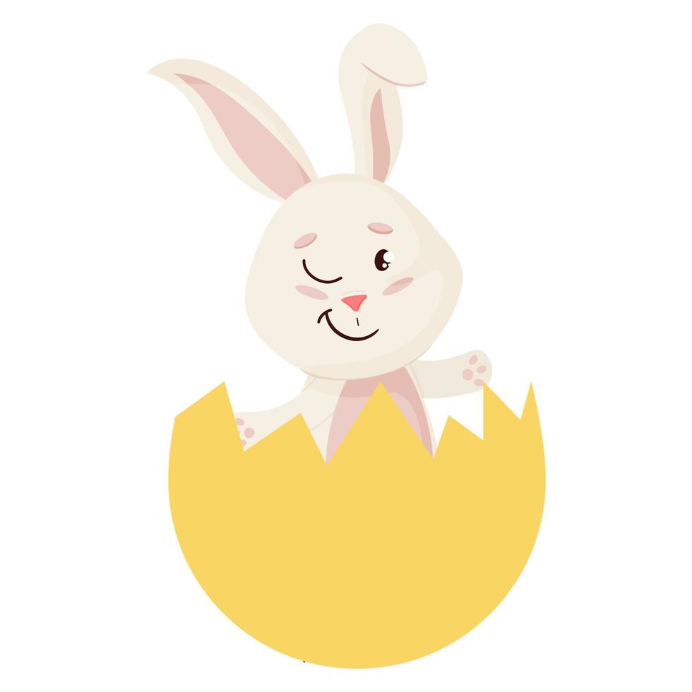 Bunny. Cute Rabbit winks into Broken Egg. vector