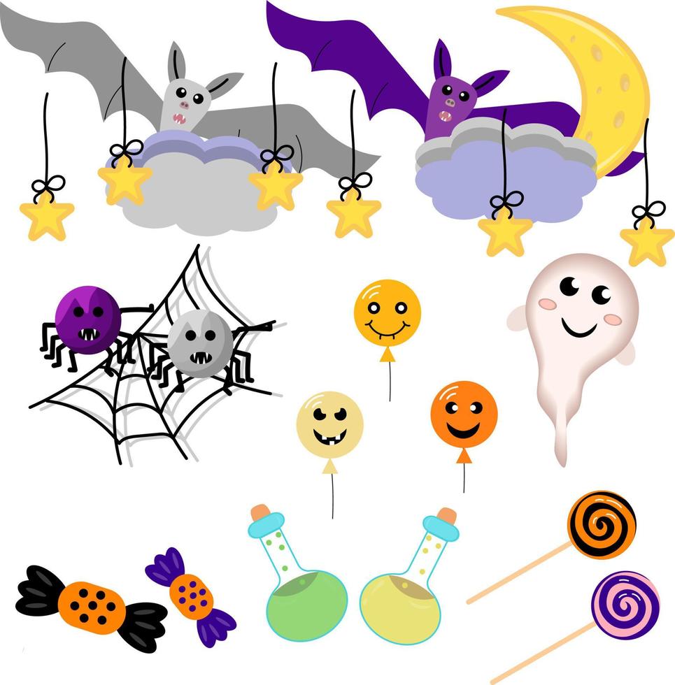 ambientado en el tema de halloween. murciélagos, arañas. fantasmas, globos de monstruos y dulces. ilustración plana vectorial. vector