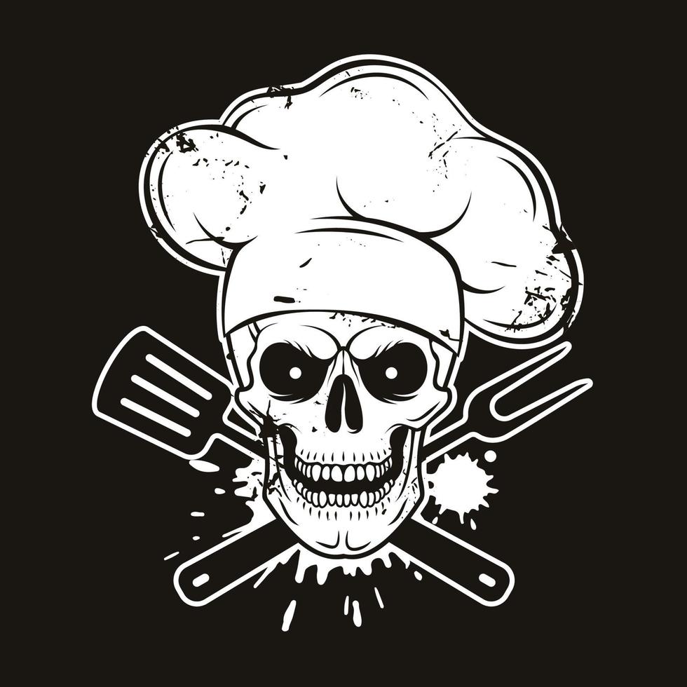 Grinning skull in chef hat with crossed barbecue tools. Cartoon chef skull in hand drawn style. Grill master, grunge vector illustration