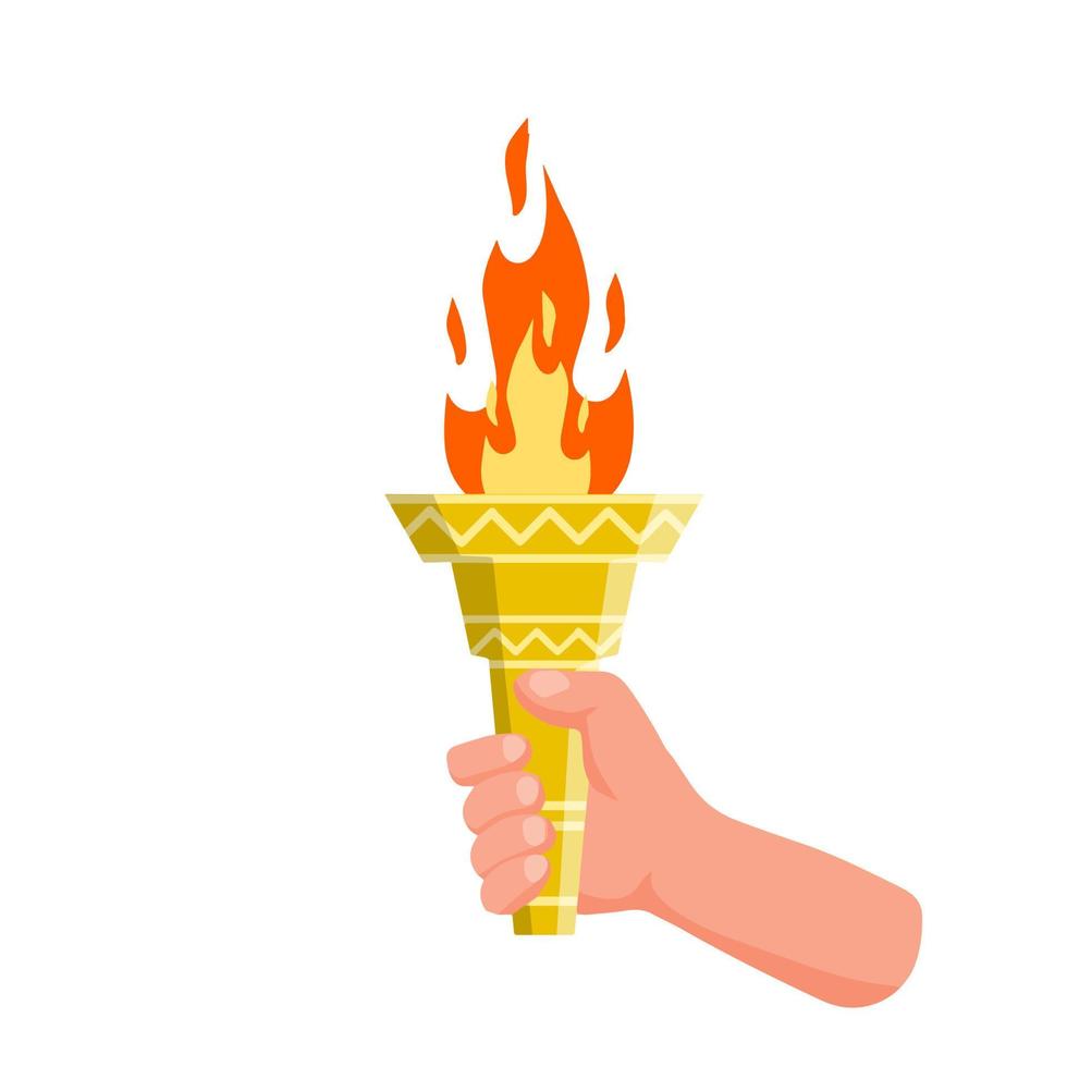 mano que sostiene la antorcha. símbolo de la llama olímpica y los deportes. educación e iluminación. ilustración de dibujos animados plana vector