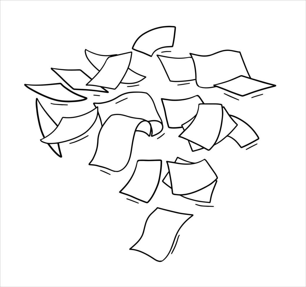Paper files of documents fall down. Flying sheets. Blank sheet. Office element. Thrown object. White trash. Cartoon outline illustration vector