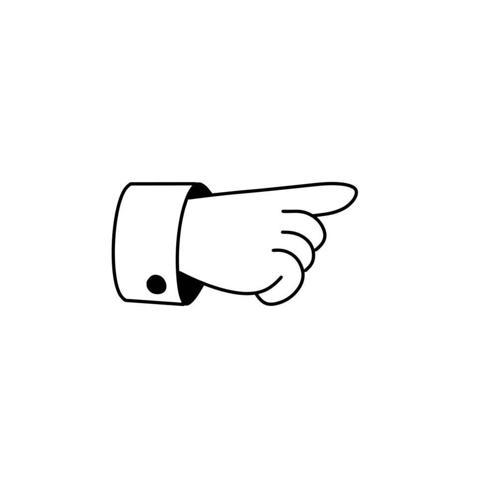 Index finger. Outline forefinger points to side. Human hand. Businessman in a suit. Direction indication. Cartoon illustration vector