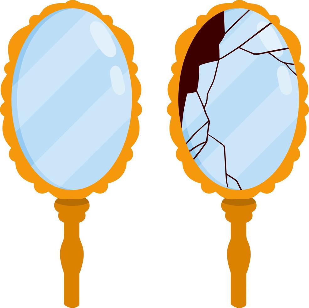 Broken mirror. Oval glass in a gold frame. Beauty and care. Vintage object. Cartoon flat illustration vector