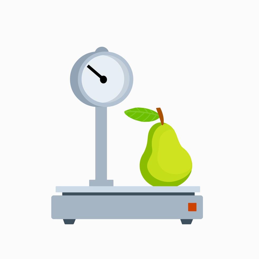 Pear on scale. Weighing of fruit. Flat cartoon illustration. Shopping ...