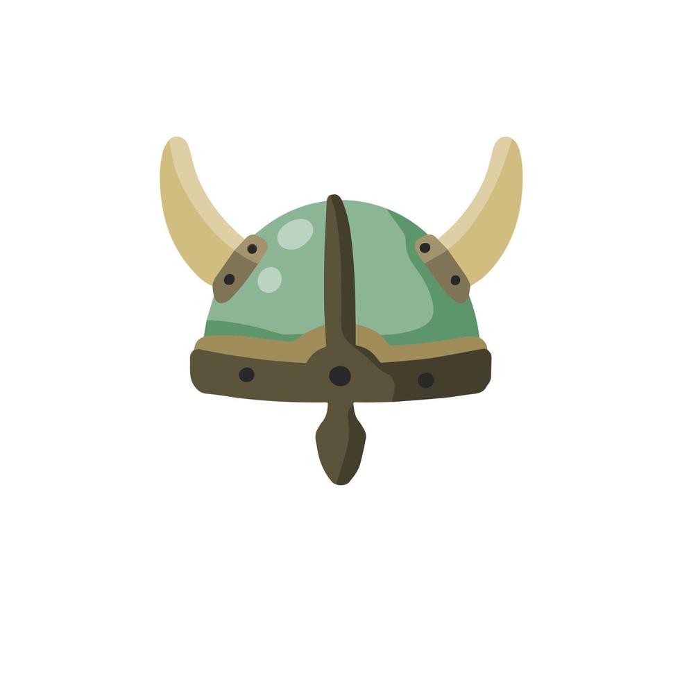 Horned helmet of Viking. Armor of Scandinavian barbarian. Protecting the soldier head. Medieval object. Flat cartoon illustration vector