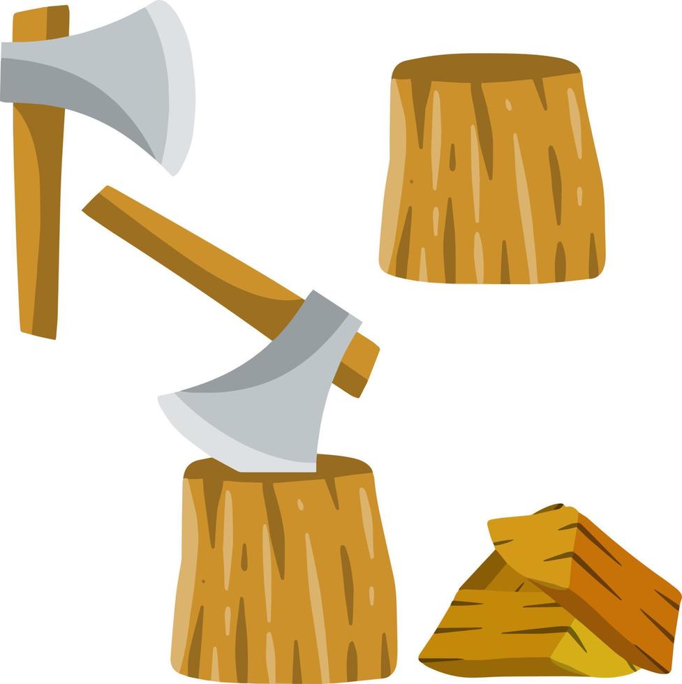 Chopping. Logger axe and log. Timber harvesting. Fuel wood. Lumberjack and woodcutter element. Set of tools. Cartoon flat illustration vector