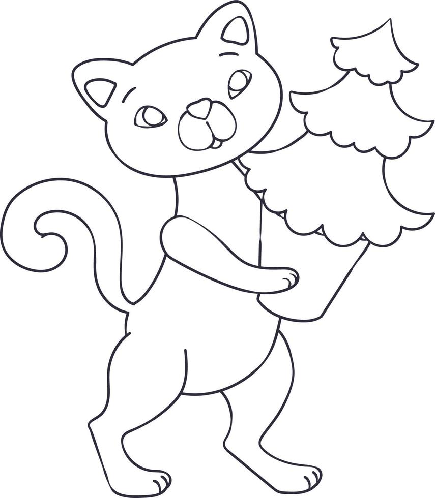 cat carries a christmas tree, christmas card, black and white outline drawing, vector illustration for coloring