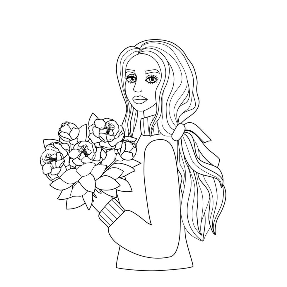 Cute coloring book with a girl with long hair flowers in her hands. Silhouette of a young woman. Autumn mood, simple sketch, linear art. vector