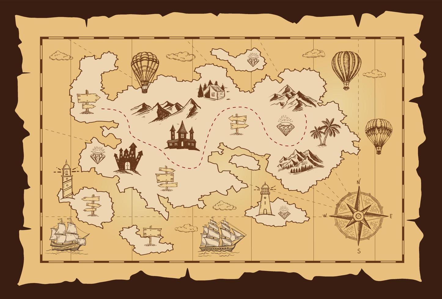 Old treasure map vector sketch. Hand drawn illustrations, vector