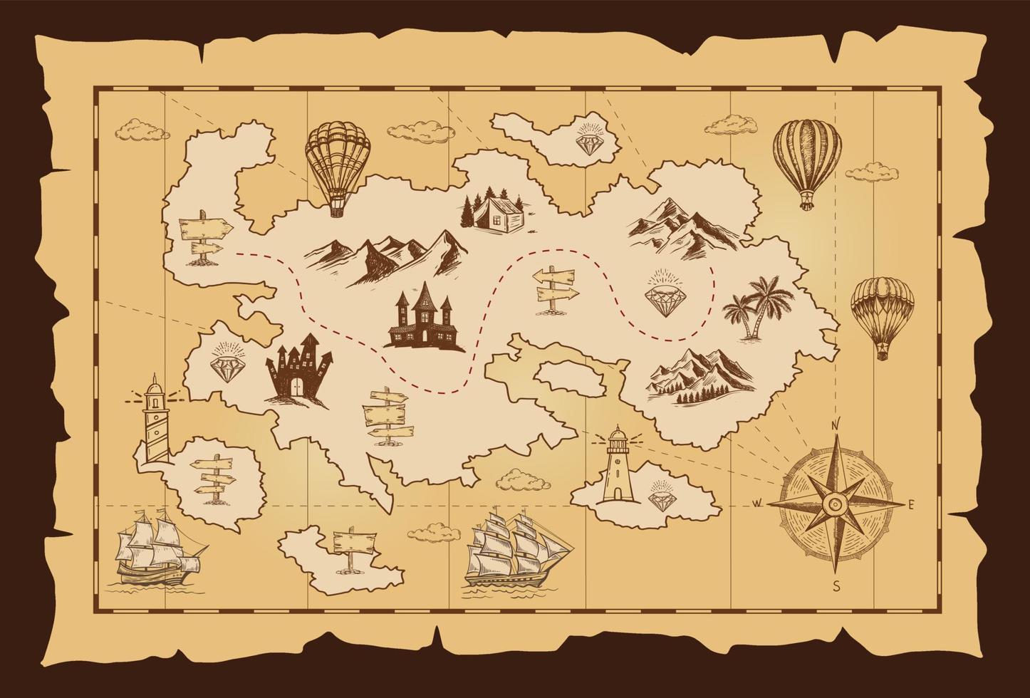 Old treasure map vector sketch. Hand drawn illustrations, vector.