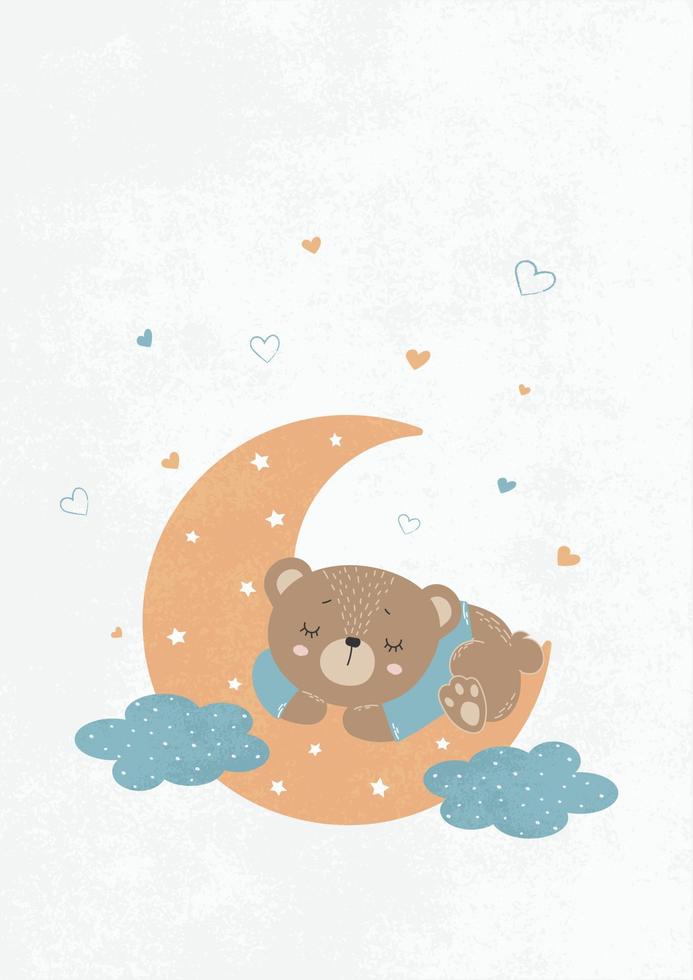 Cute little bear sleeping on a month with clouds. Baby illustration for posters, fabric prints and postcards. Vector