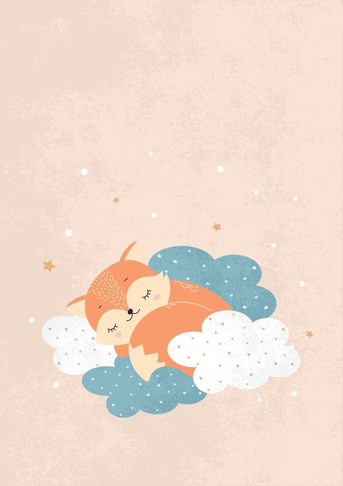 Cute little fox sleeping on clouds with stars. Children's illustration for posters, fabric prints and postcards. Vector