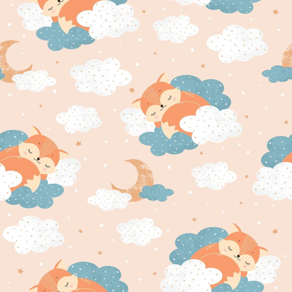 lindo pequeño zorro durmiendo en nubes con estrellas. bebé de patrones sin fisuras para carteles, estampados de tela y postales. vector