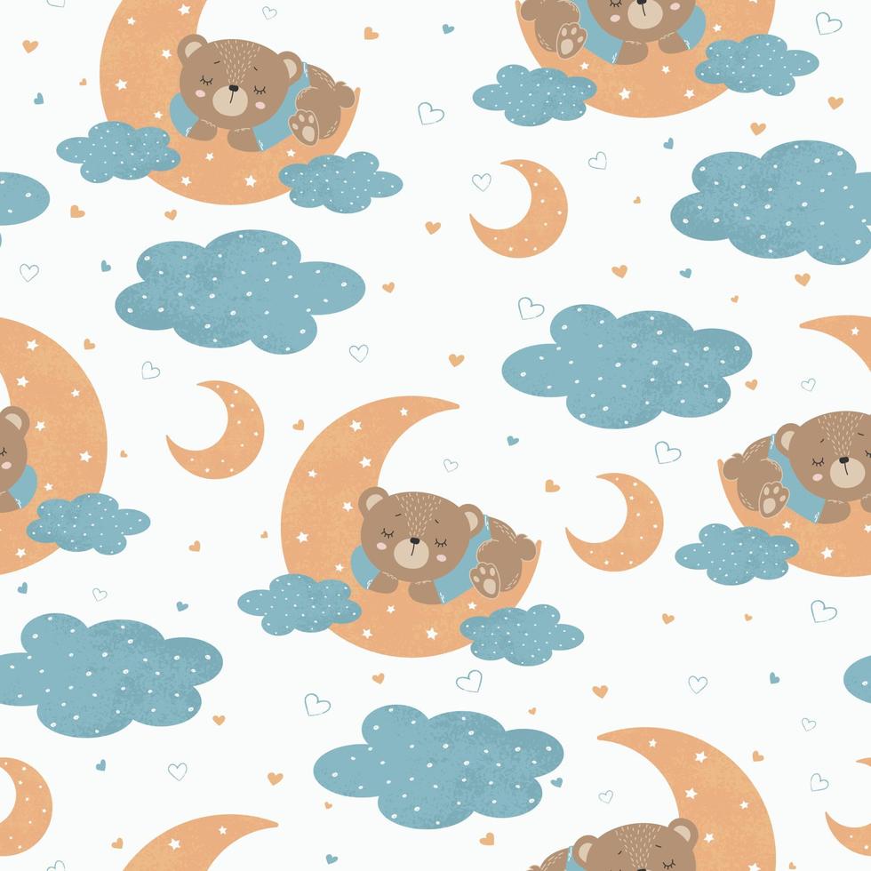 Cute little bear sleeping on a month with clouds. Baby seamless pattern for posters, fabric prints and postcards. Vector