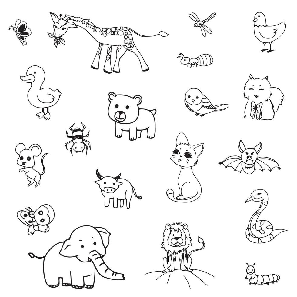 Animals doodle drawing from freehand vector set