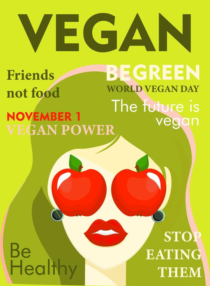 banner de moda moderno sobre el tema del vegetarianismo. día mundial vegano. comida sana. mujer con manzanas vector