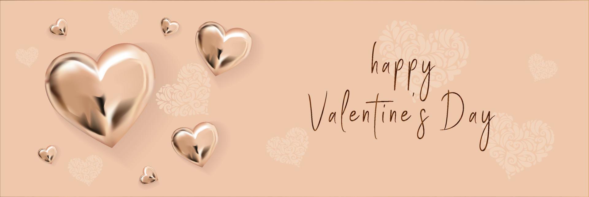 Happy Valentine s Day. Gold inscription on a light background. Metallic hearts. Horizontal banner in a minimalistic style. Lovers. The 14th of February. Greeting card. Vector illustration eps10