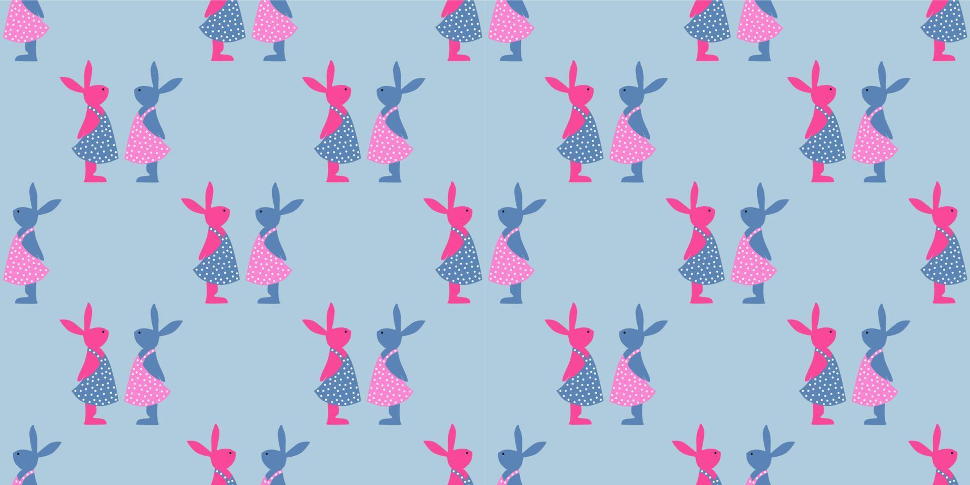 Easter background. Bright seamless pattern. Easter bunnies. Blue and pink. vector