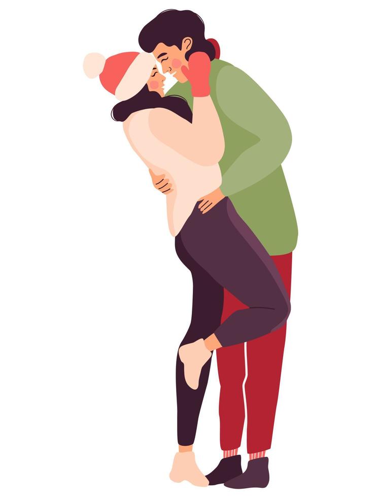 hermosa pareja romántica con ropa cálida de invierno abrazándose cariñosamente. hombre y mujer enamorados, pasando tiempo juntos al aire libre. personajes temáticos de vacaciones de navidad. vector