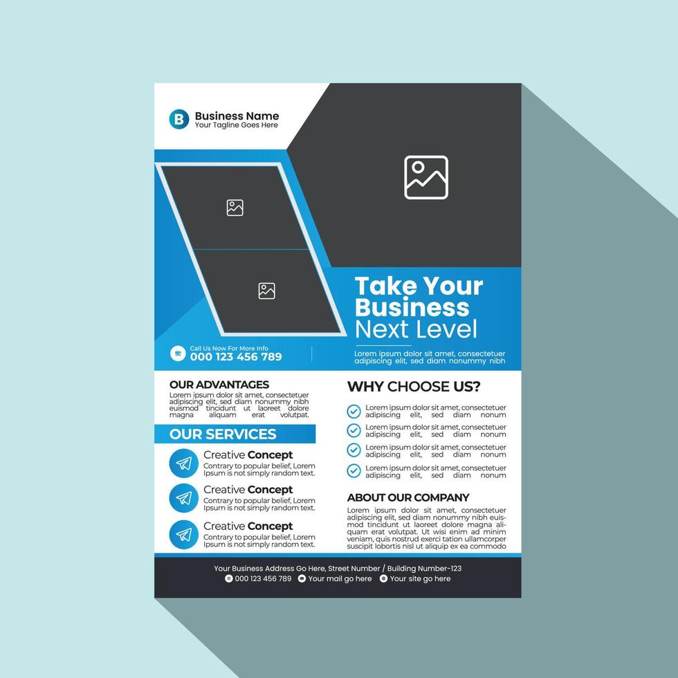 A4 size Vertical corporate flyer or banner template design for your brand or company with creative, eye catching, professional and modern shape vector