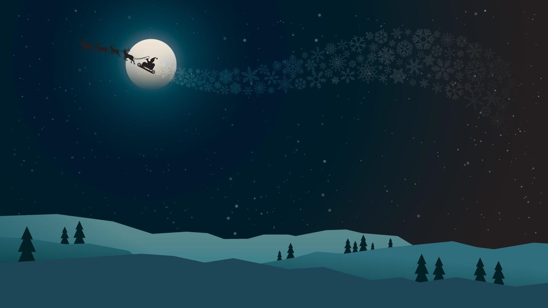 santa claus con su trineo y renos en la víspera de navidad tiene un paisaje de colinas nevadas y un montón de estrellas de fondo. fondo de navidad. vector