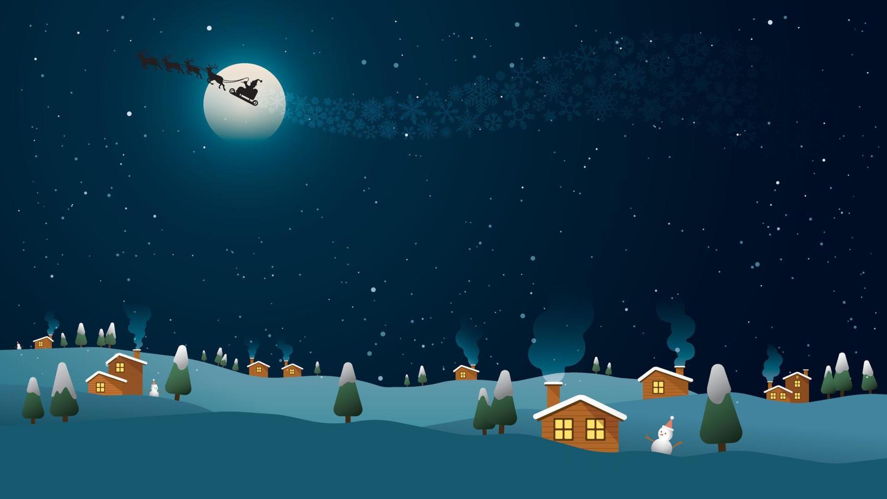 santa claus con su trineo y renos en la víspera de navidad tiene un pequeño pueblo, pinos, paisajes de colinas nevadas y muchas estrellas de fondo. fondo de la noche de navidad. vector