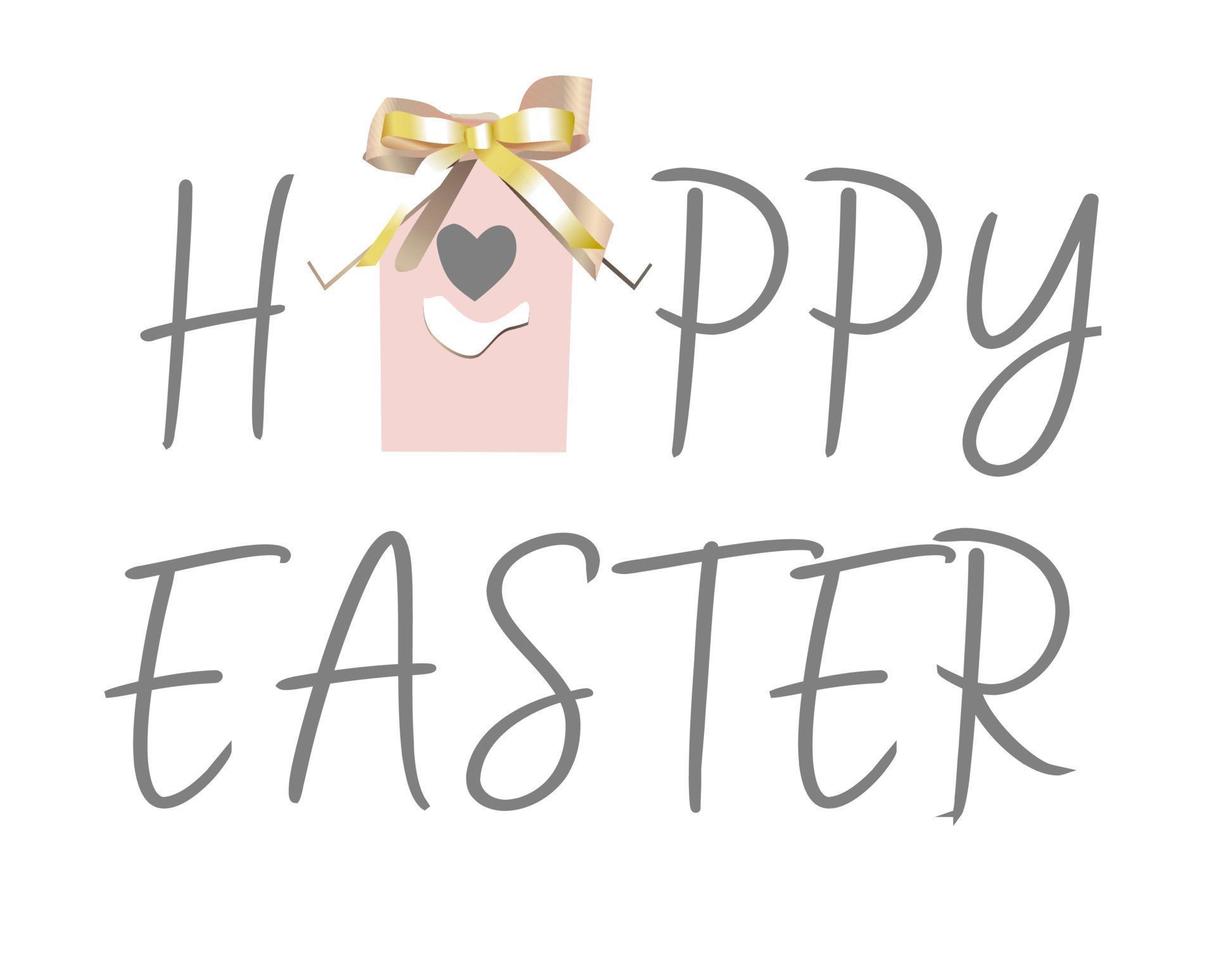 Easter inscription on a white background. The birdhouse is cute. Eggs are hanging on a ribbon. Bright spring holiday composition. Greeting card, banner, poster. Happy easter vector