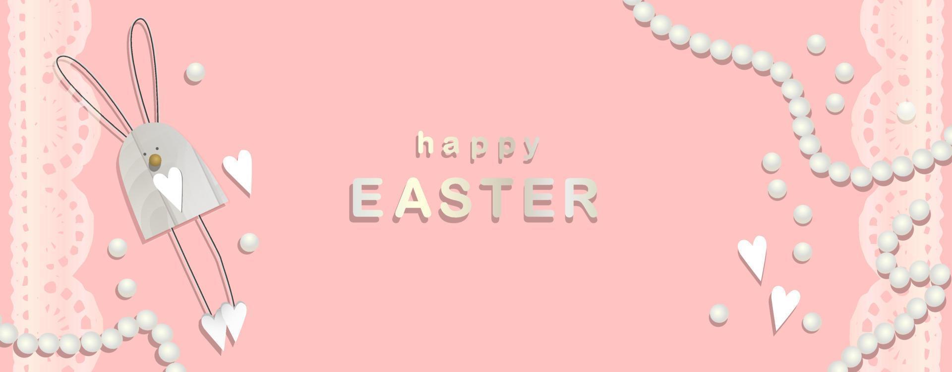 Happy Easter. Greeting card with bunny rabbit. Easter background without text. Lace and pink color. Cute vector illustration. A place for your text.