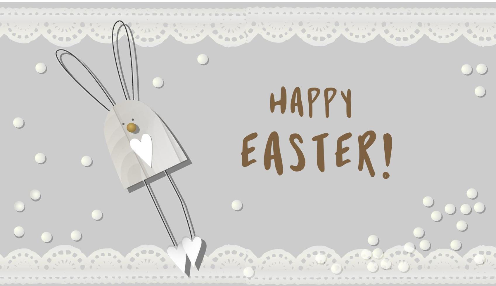 Holiday banner with easter. Easter design white pearl beads, lace ribbon, wooden toy hare or rabbit. Wooden light background. flat lay, top view. Horizontal holiday poster, website header.. vector