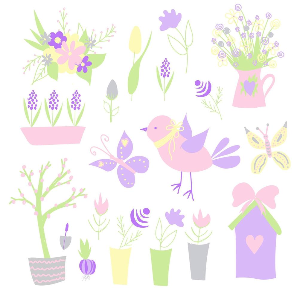 Easter. Spring stickers. Happy easter. Elements for creating postcards. Bird, flowers birdhouse Pastel colors vector