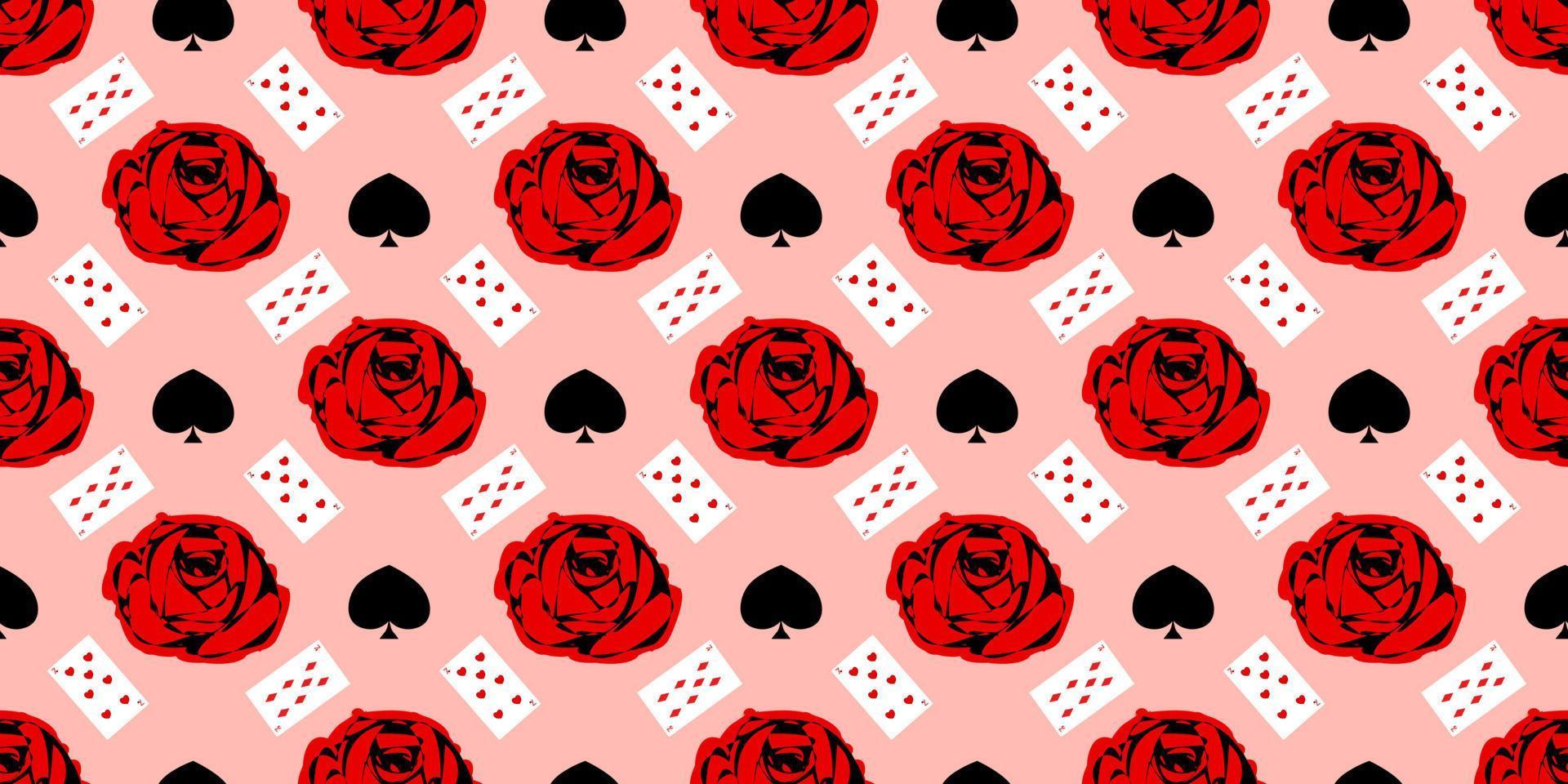 playing cards seamless pattern. Red rose on a pink background.. vector
